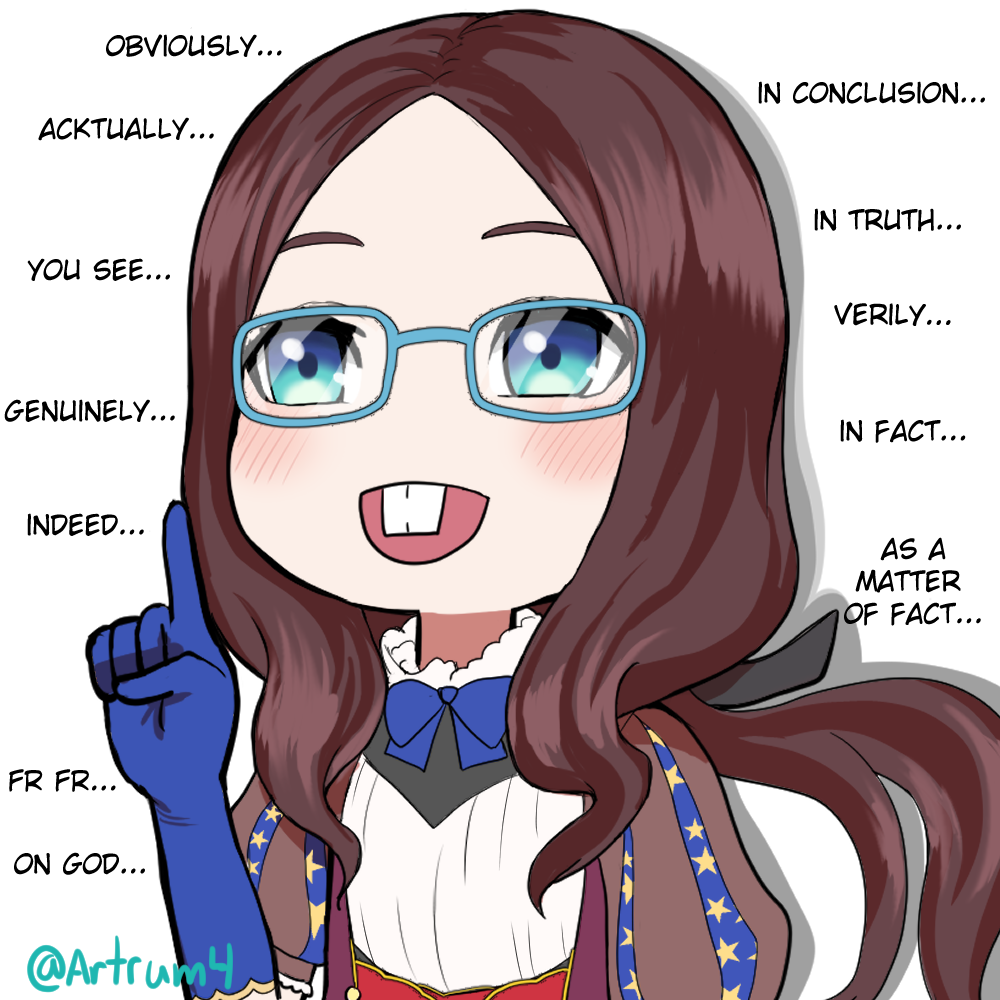 1girl, ackchyually_(meme), artrum4, blue-framed_eyewear, blue_bow, blue_eyes, blue_gloves, blush
