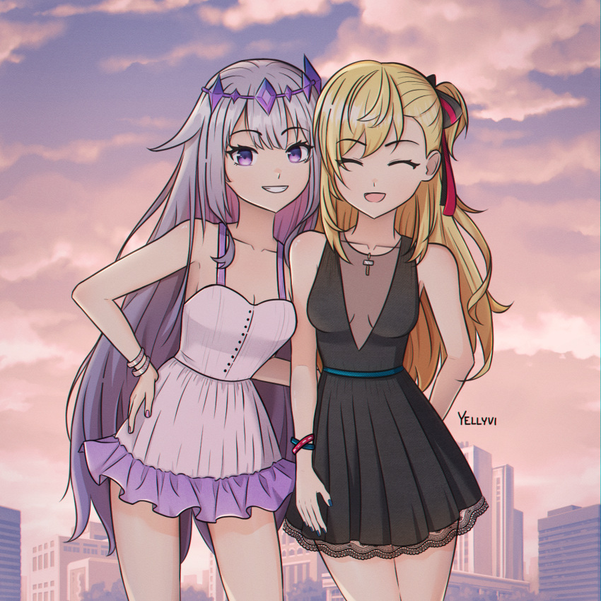 2girls, black_dress, blonde_hair, cityscape, closed_eyes, clouds, cloudy_sky, dress