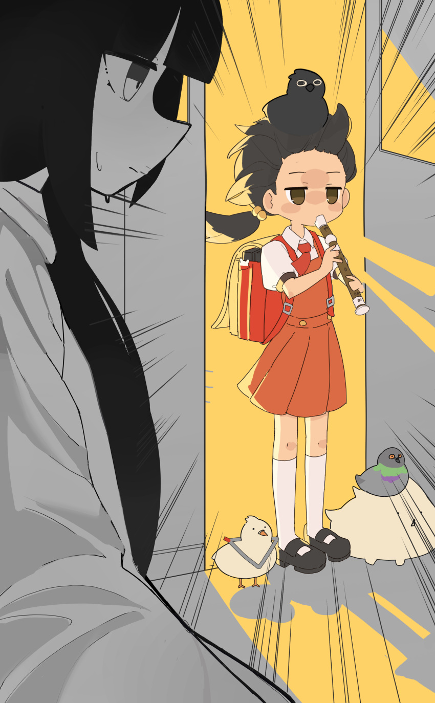 2girls, absurdres, animal_on_head, ascot, backpack, bag, bird, bird_on_head