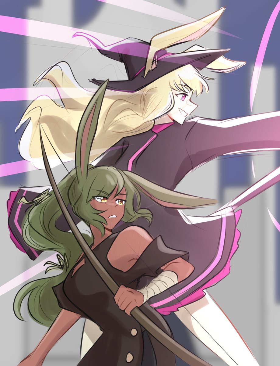 2girls, animal_ears, arm_wrap, black_dress, blonde_hair, blurry, blurry_background, bow_(weapon)