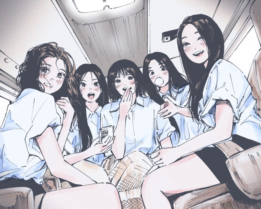 5girls, animification, black_hair, black_skirt, blush, brown_hair, bubble_gum_(newjeans), cellphone