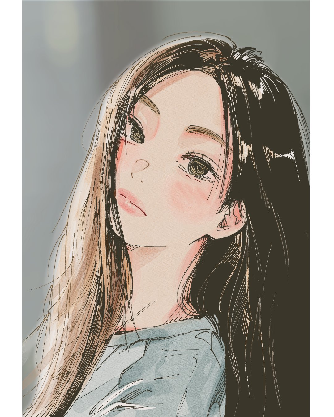 1girl, animification, black_hair, bubble_gum_(newjeans), grey_shirt, hair_behind_ear, head_tilt, highres