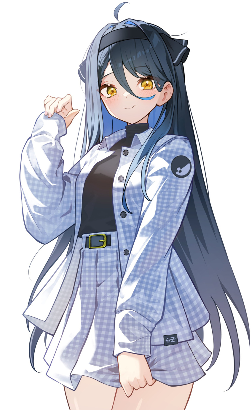 1girl, absurdres, ahoge, belt, belt_buckle, black_belt, black_hair, black_hairband