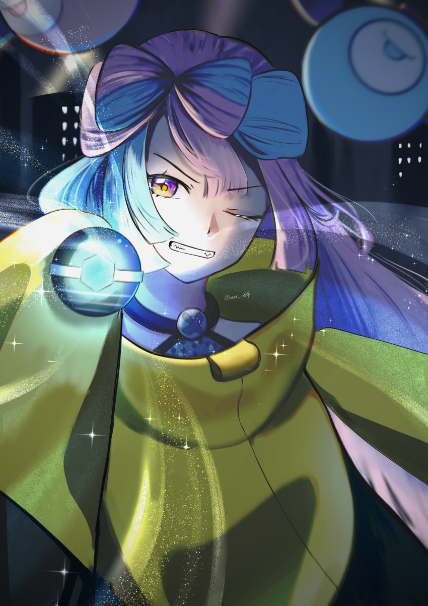 1girl, absurdres, blue_hair, bow-shaped_hair, character_hair_ornament, hair_ornament, highres, holding