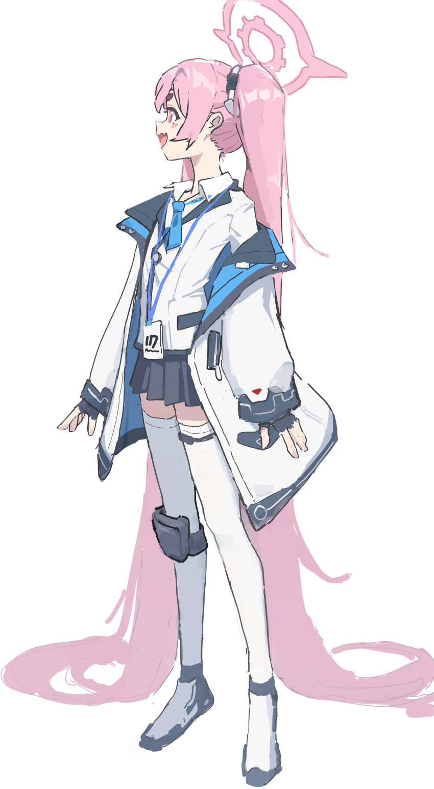 1girl, absurdres, black_skirt, blue_archive, blue_necktie, collared_shirt, fang, full_body