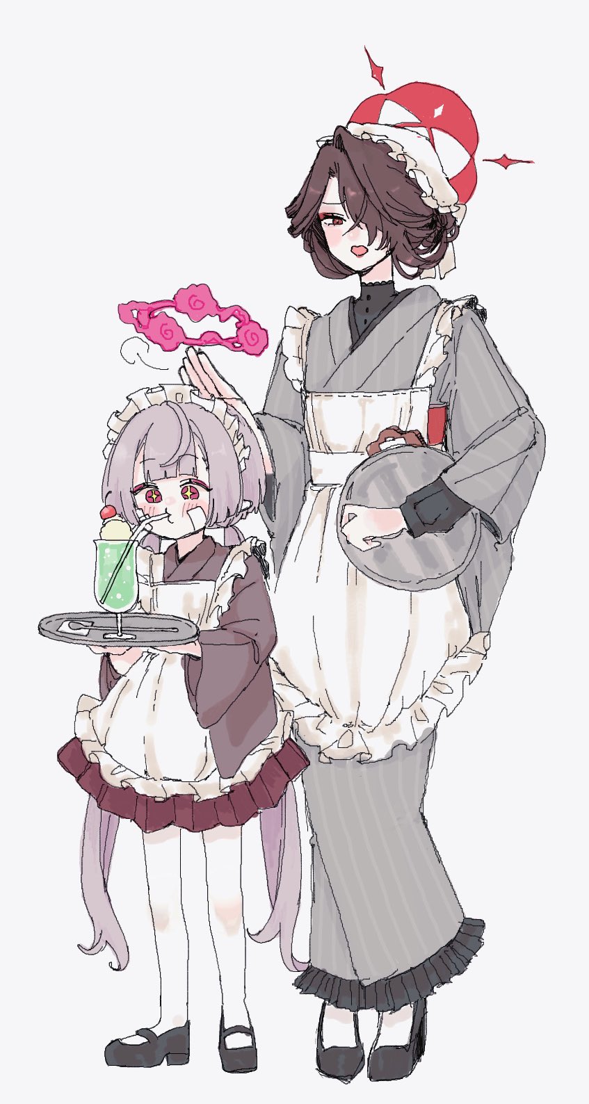 +_+, 2girls, apron, bandages, blue_archive, brown_hair, drinking_straw, grey_hair