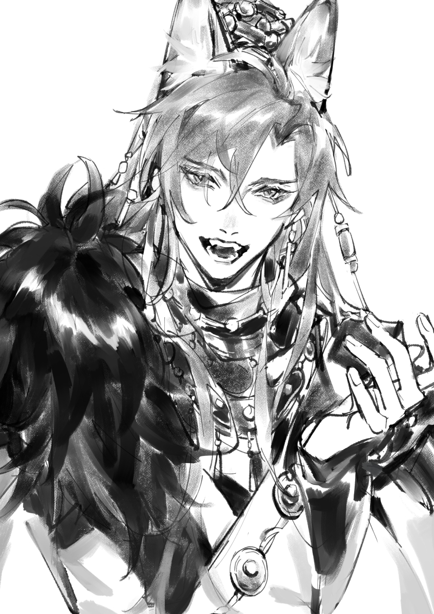 1boy, animal_ear_fluff, animal_ears, bishounen, character_request, chinese_clothes, earrings, fangs, fingernails, fox_ears, fur_scarf, golden_light_puppet_show, hair_between_eyes, hair_ornament, hanfu, highres, jewelry, jinguang_budaixi, layered_sleeves, long_sleeves, looking_at_viewer, male_focus, necklace, open_mouth, ponytail, simple_background, sleeves_past_wrists, smile, solo, stormm, tassel, tassel_earrings, teeth, thick_eyebrows, upper_body, white_background