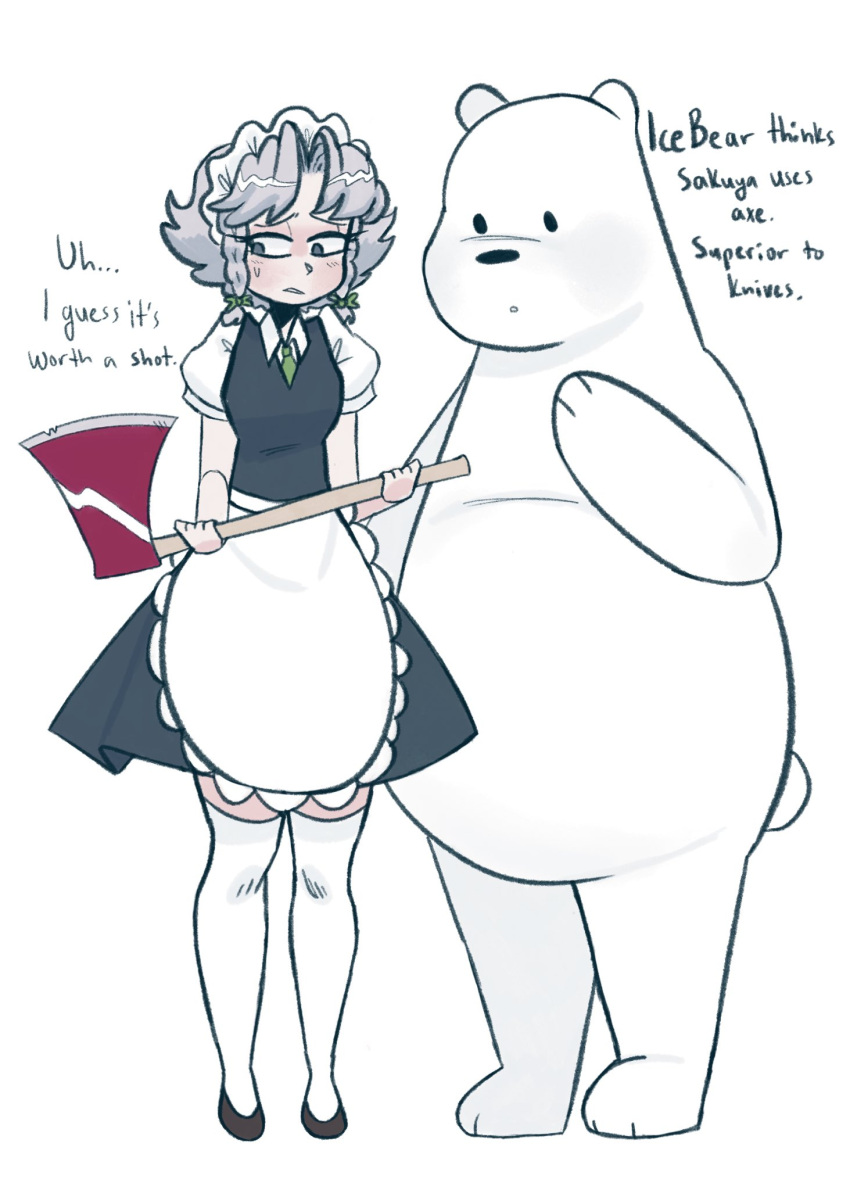 1girl, apron, axe, bear, black_dress, bow, braid, commentary