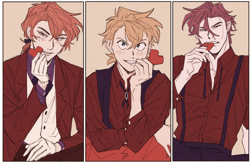 3boys, biting, black_pants, black_ribbon, black_vest, br'er_fox_(disney), chicken_little, column_lineup