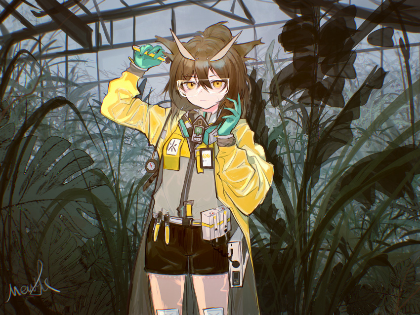 1girl, arknights, artist_name, black_shorts, brown_hair, coat, feather_hair, geiger_counter, gloves, goggles, green_gloves, greenhouse, highres, holding_vial, indoors, jacket, long_sleeves, looking_at_viewer, mask, mask_around_neck, menthe, official_alternate_costume, owl_ears, plant, rhine_lab_logo, safety_glasses, see-through_pants, short_hair, shorts, silence_(arknights), silence_(lacquer)_(arknights), solo, yellow_coat, yellow_eyes, yellow_jacket