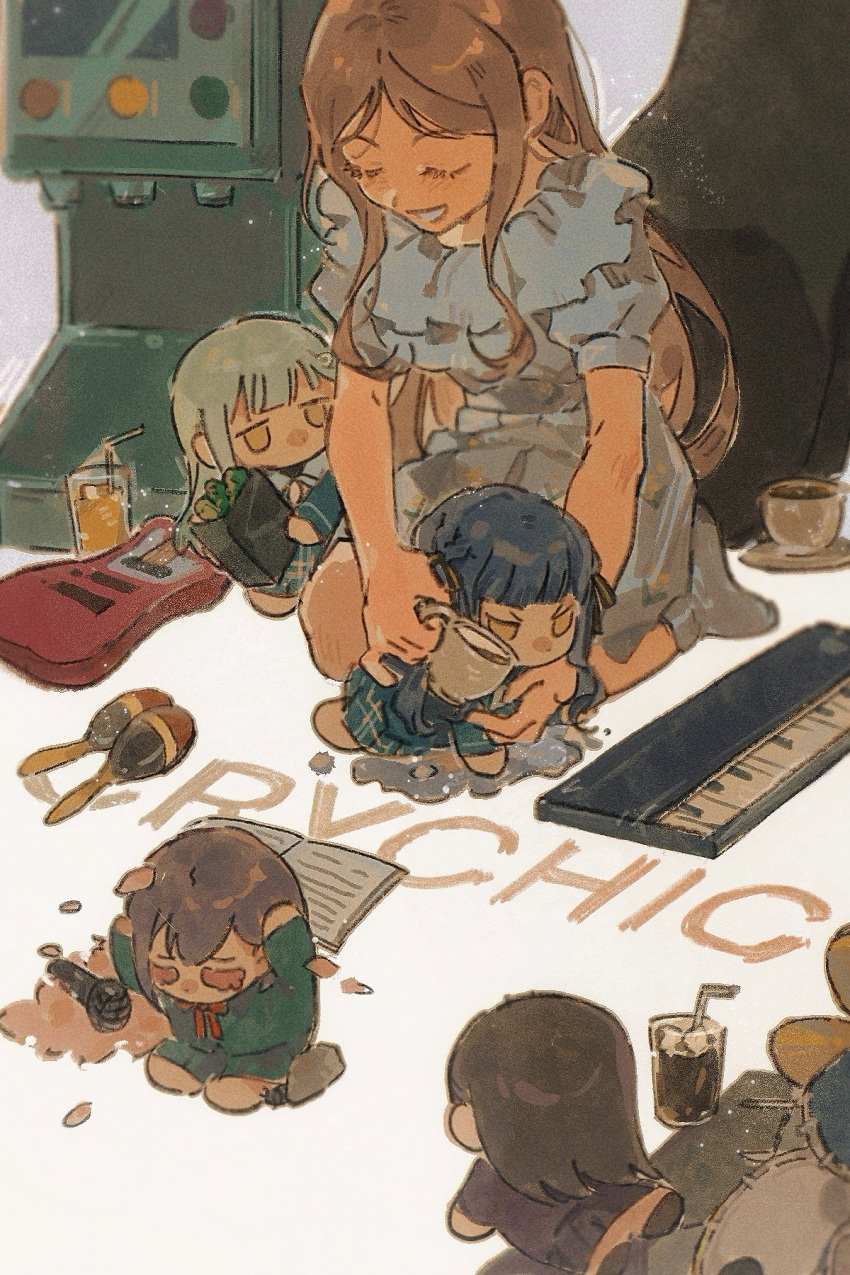 5girls, bang_dream!, bang_dream!_it's_mygo!!!!!, blue_dress, blue_hair, brown_hair, chinese_commentary, closed_eyes