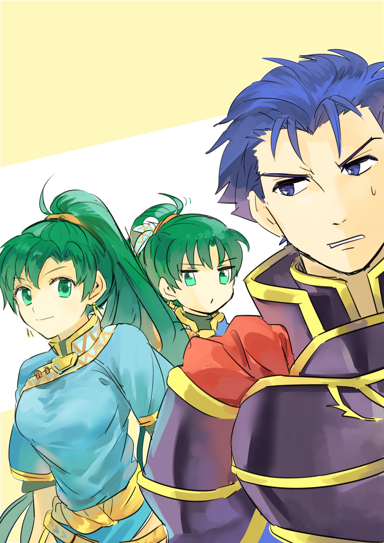 1boy, 2girls, armor, blue_armor, blue_hair, breasts, fire_emblem, fire_emblem:_the_blazing_blade, fire_emblem_heroes, green_eyes, green_hair, hector_(fire_emblem), high_ponytail, highres, hukashin, large_breasts, looking_at_another, lyn_(brave_lady)_(fire_emblem), lyn_(fire_emblem), multiple_girls