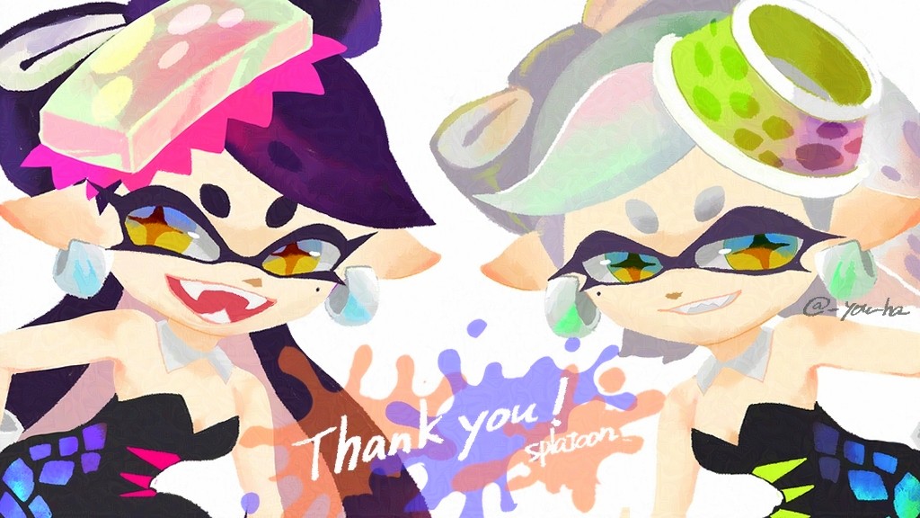 2girls, bare_shoulders, black_dress, black_hair, bow-shaped_hair, callie_(splatoon), collar, copyright_name