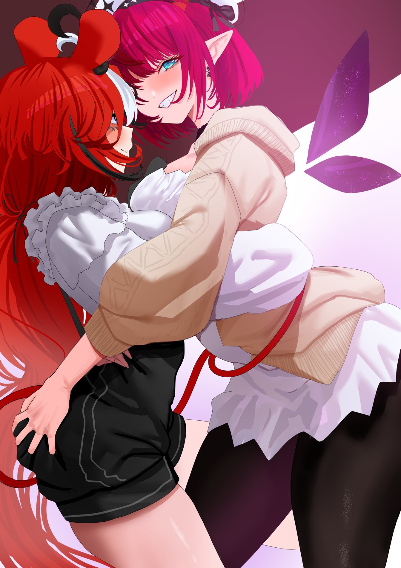 2girls, ahoge, animal_ears, ass_grab, black_hair, blue_eyes, cardigan, crystal_wings