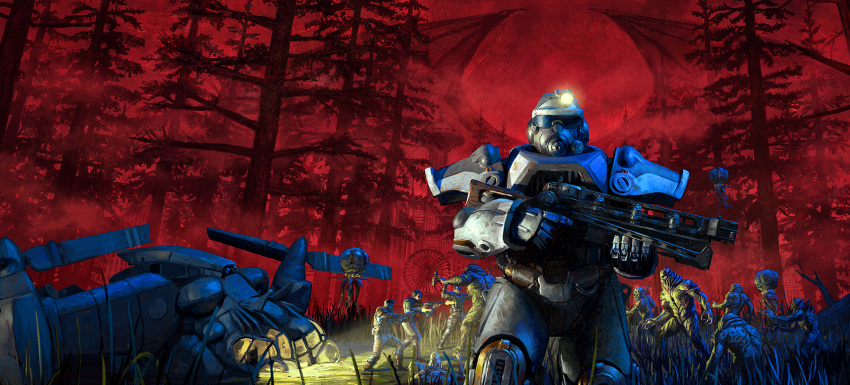 6+boys, fallout_(series), fallout_76, gun, headlamp, highres, holding, holding_gun