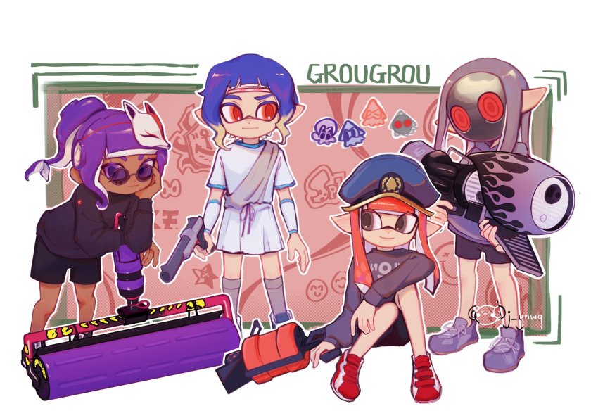 .52_gal_(splatoon), 4girls, blue_hair, border, carbon_roller_(splatoon), closed_mouth, commentary, cosplay, dark-skinned_female, dark_skin, english_commentary, fox_mask, full_body, grey_sweater, gun, hat, high_ponytail, highres, holding, holding_gun, holding_weapon, inkling_boy, inkling_girl, inkling_player_character, j_ynwq, leaning_forward, long_hair, mask, medium_hair, multiple_girls, n-zap_(splatoon), octoling_girl, octoling_player_character, orange_hair, outside_border, parallel_canon, parallel_canon_(cosplay), peaked_cap, pointy_ears, purple_hair, range_blaster_(splatoon), red_background, red_eyes, red_footwear, round_eyewear, shoes, sitting, smile, splatoon_(series), standing, sunglasses, sweater, tentacle_hair, unworn_mask, weapon, white_border