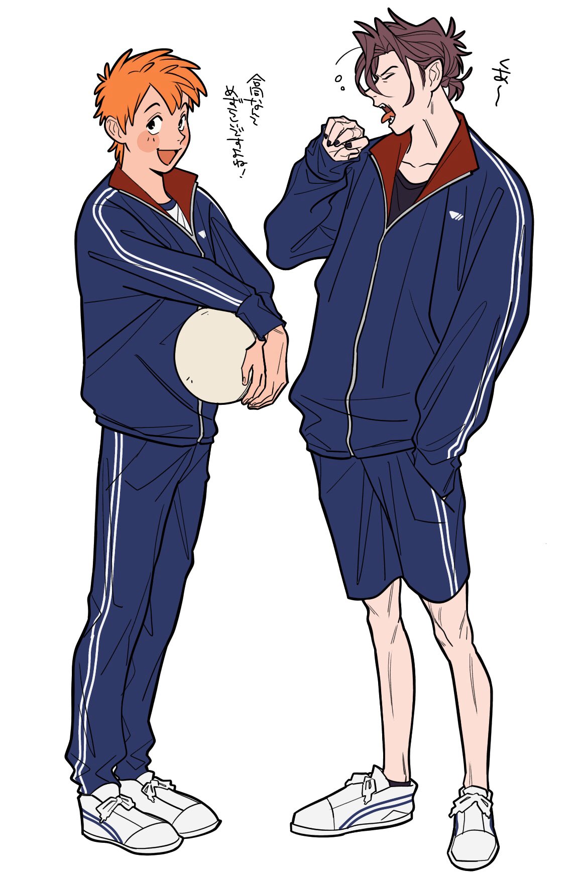 2boys, ball, black_nails, black_shirt, blue_jacket, blue_pants, blue_shorts, brown_hair