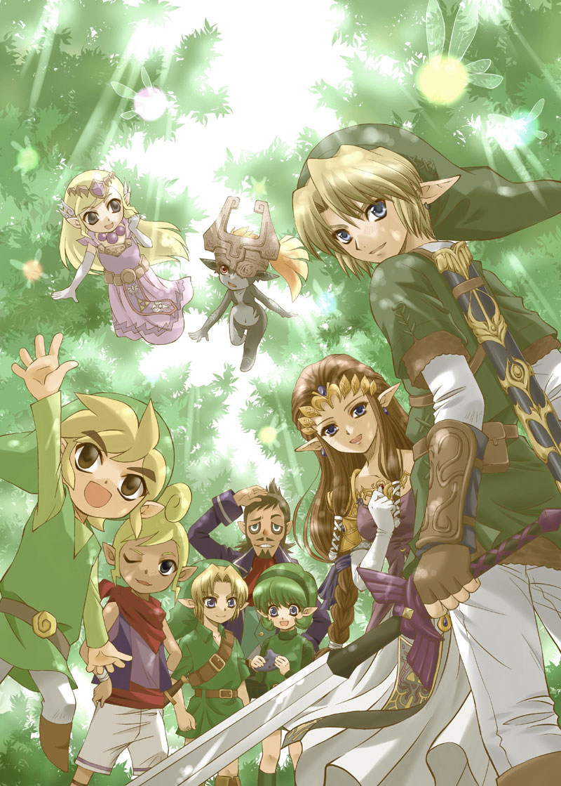 blonde_hair, blue_eyes, brown_hair, crossover, earrings, fairy, green_hair, hat, helmet, jewelry, linebeck, link, long_hair, master_sword, midna, multiple_persona, nature, nintendo, ocarina_of_time, pointy_ears, princess_zelda, red_eyes, riolabo, saria, smile, spirit_tracks, sword, tetra, the_legend_of_zelda, toon_link, twilight_princess, weapon, wind_waker, wink, young_link
