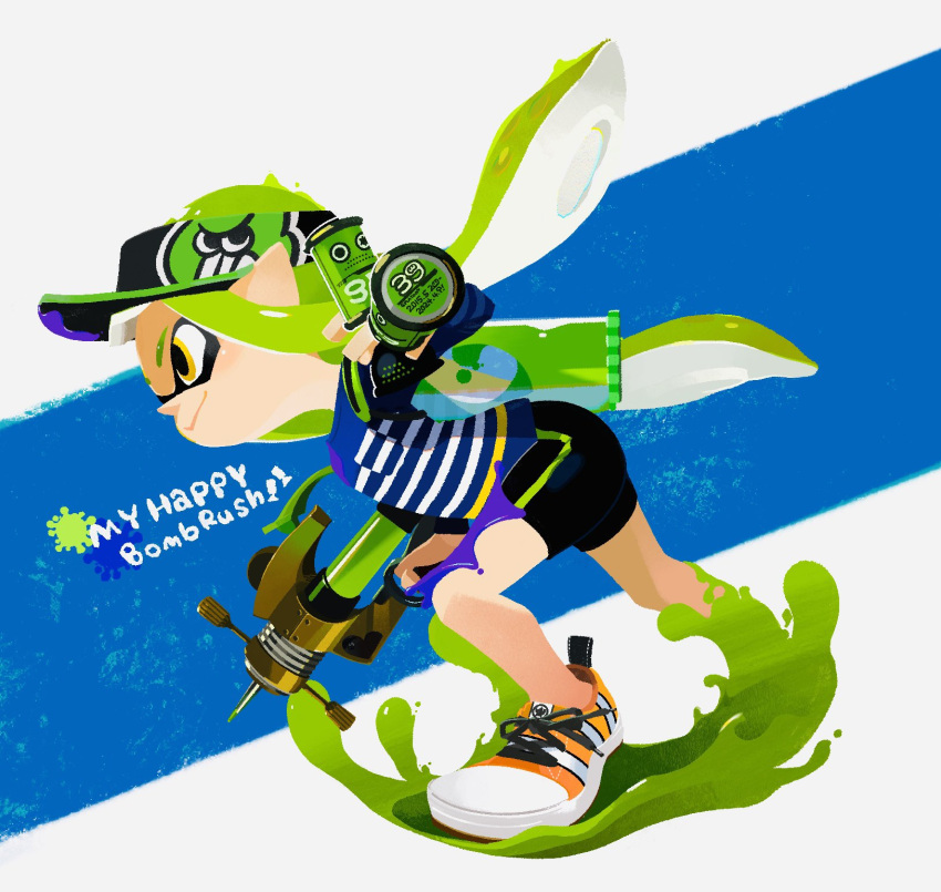 1girl, baseball_cap, blue_background, closed_mouth, commentary_request, cross-laced_footwear, english_text, euca_(recita), full_body, green_hair, gun, hat, highres, holding, holding_gun, holding_weapon, inkling, inkling_girl, inkling_player_character, long_hair, looking_ahead, pointy_ears, shoes, simple_background, smile, solo, splash-o-matic_(splatoon), splatoon_(series), suction_bomb_(splatoon), tentacle_hair, two-tone_background, weapon, white_background, yellow_eyes