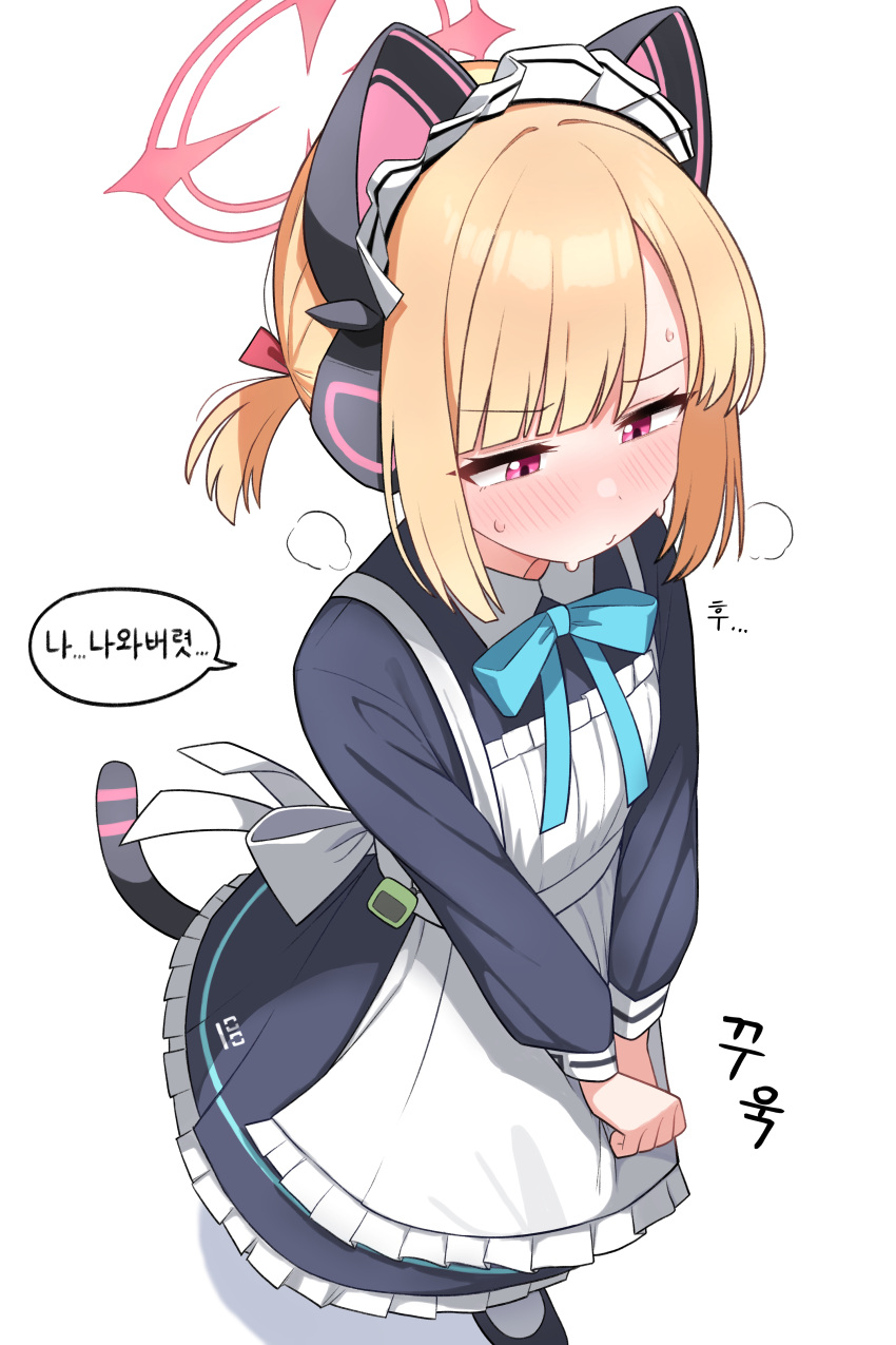 1girl, absurdres, animal_ear_headphones, animal_ears, apron, black_dress, blonde_hair, blue_archive