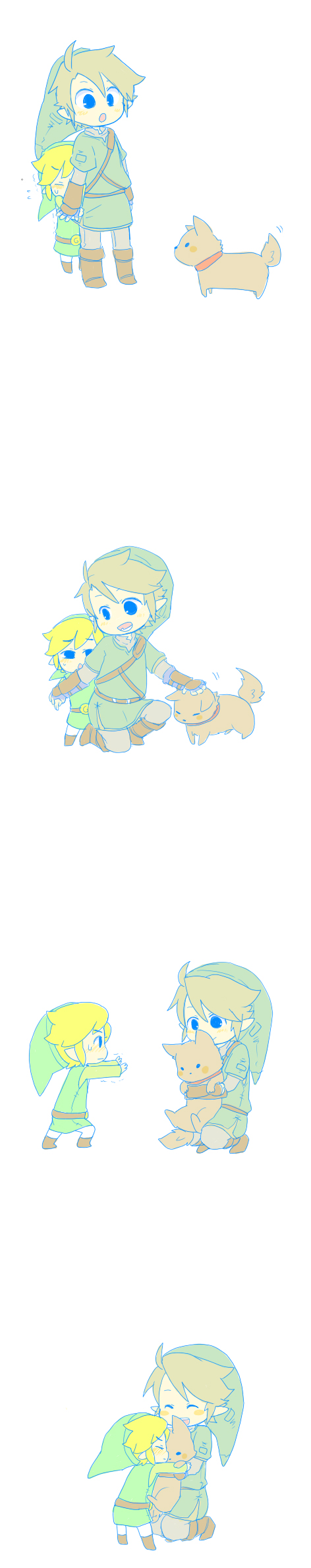 blonde_hair, dog, dual_persona, gloves, hat, highres, hug, link