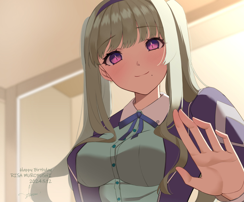 1girl, absurdres, black_hairband, blue_ribbon, breasts, from_below, green_hair, green_shirt, hairband, heaven_burns_red, highres, indoors, large_breasts, long_hair, looking_at_viewer, mole, mole_under_mouth, murohushi_risa, negino_yurine, ribbon, shirt, sidelocks, solo, twintails, violet_eyes