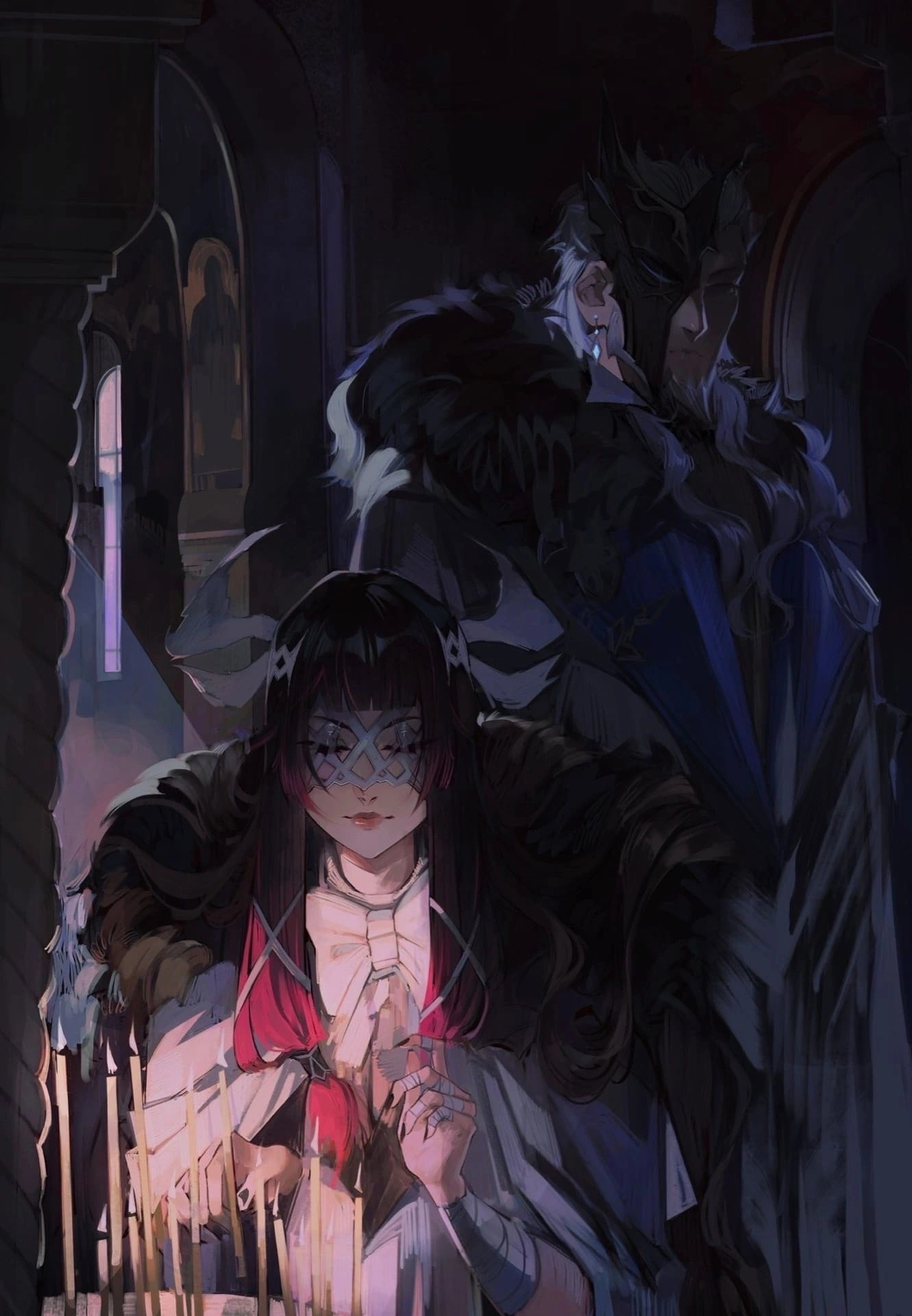 1boy, 1girl, bandaged_arm, bandaged_hand, bandages, black_hair, black_nails, blunt_bangs