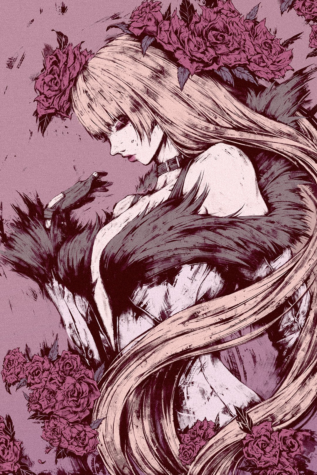 1girl, akramness, bare_shoulders, black_choker, black_gloves, blonde_hair, blunt_bangs, choker