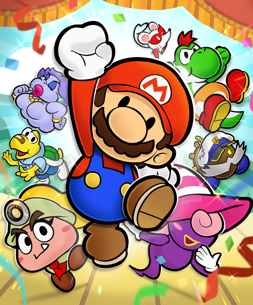 4boys, 4girls, :d, absurdres, admiral_bobbery, blue_overalls, brown_footwear, facial_hair