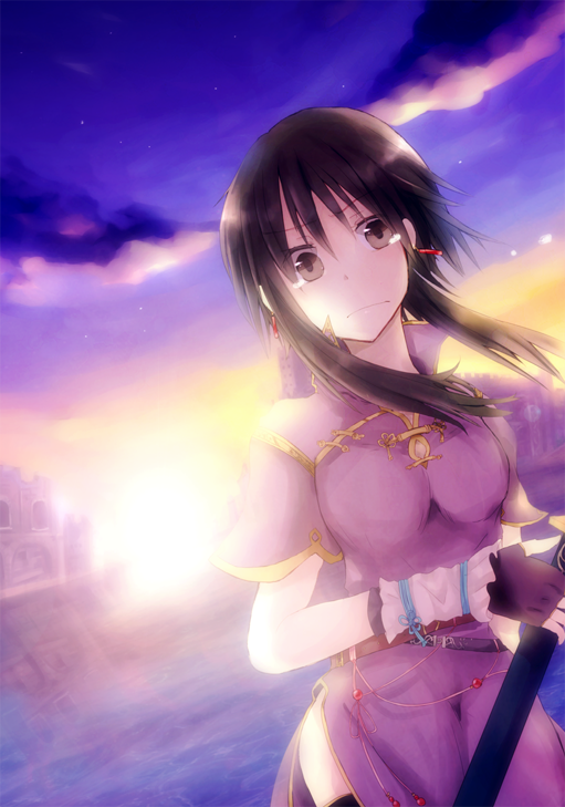 1girl, belt, black_hair, china_dress, chinese_clothes, clouds, dawn, dress