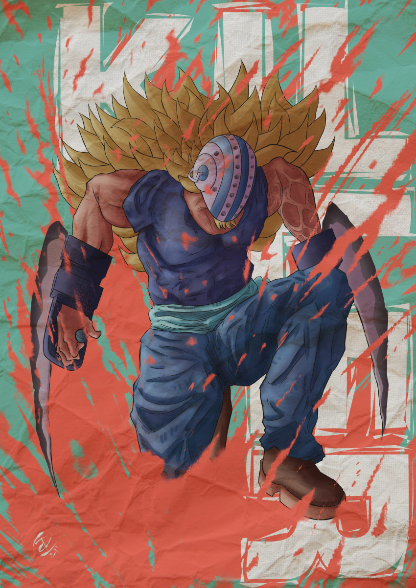 1boy, absurdres, blonde_hair, blue_shirt, chainsaw_man, commentary_request, costval, crossover, facial_hair, facial_hair_through_mask, full_body, goatee, highres, hockey_mask, holding, holding_weapon, killer_(one_piece), long_hair, male_focus, mask, muscular, muscular_male, one_piece, shirt, solo, spanish_commentary, t-shirt, weapon