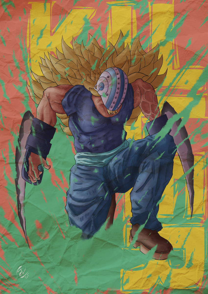 1boy, absurdres, blonde_hair, blue_shirt, chainsaw_man, commentary_request, costval, crossover