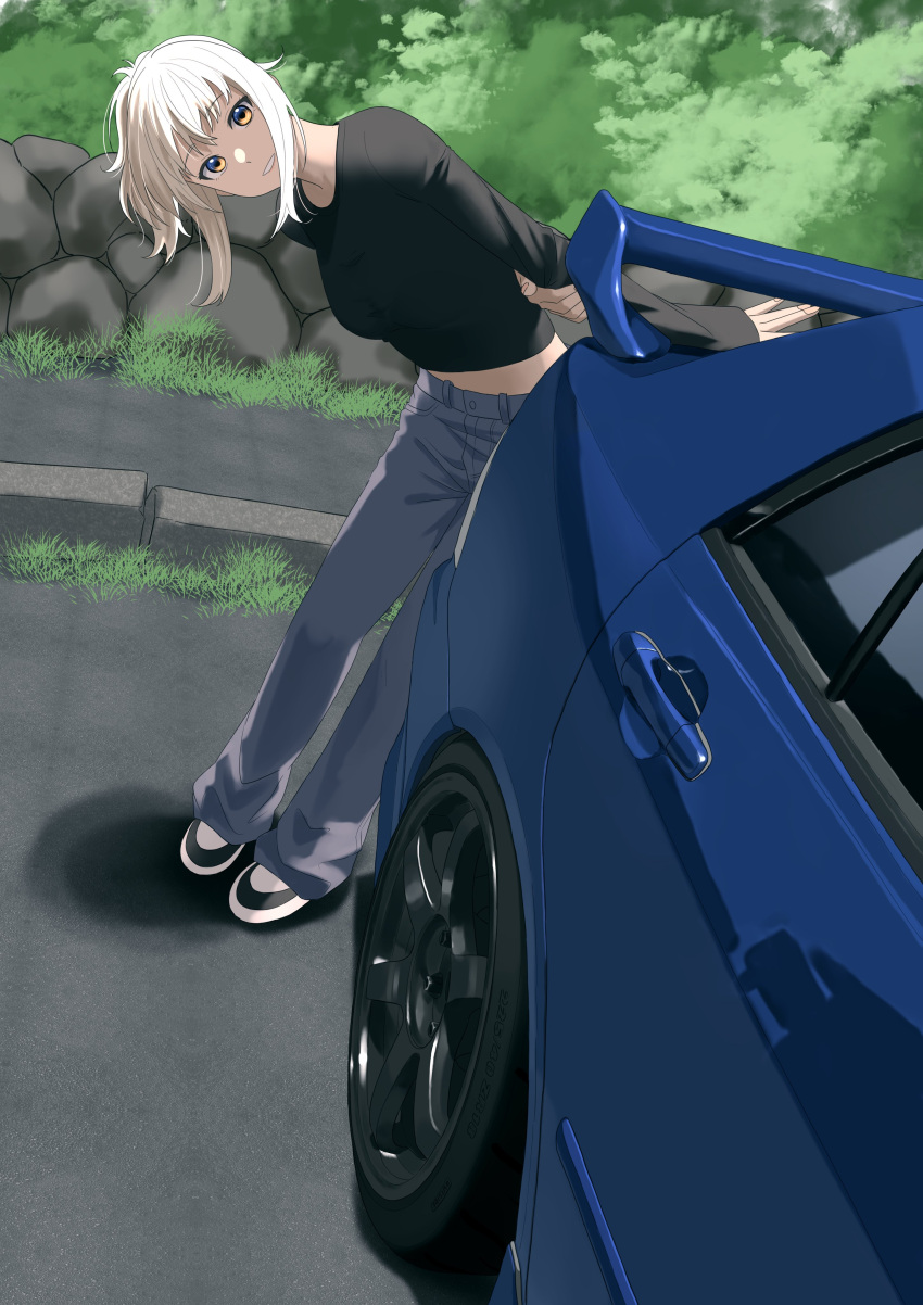1girl, absurdres, arms_behind_back, black_shirt, blonde_hair, blue_pants, car, hair_flowing_over