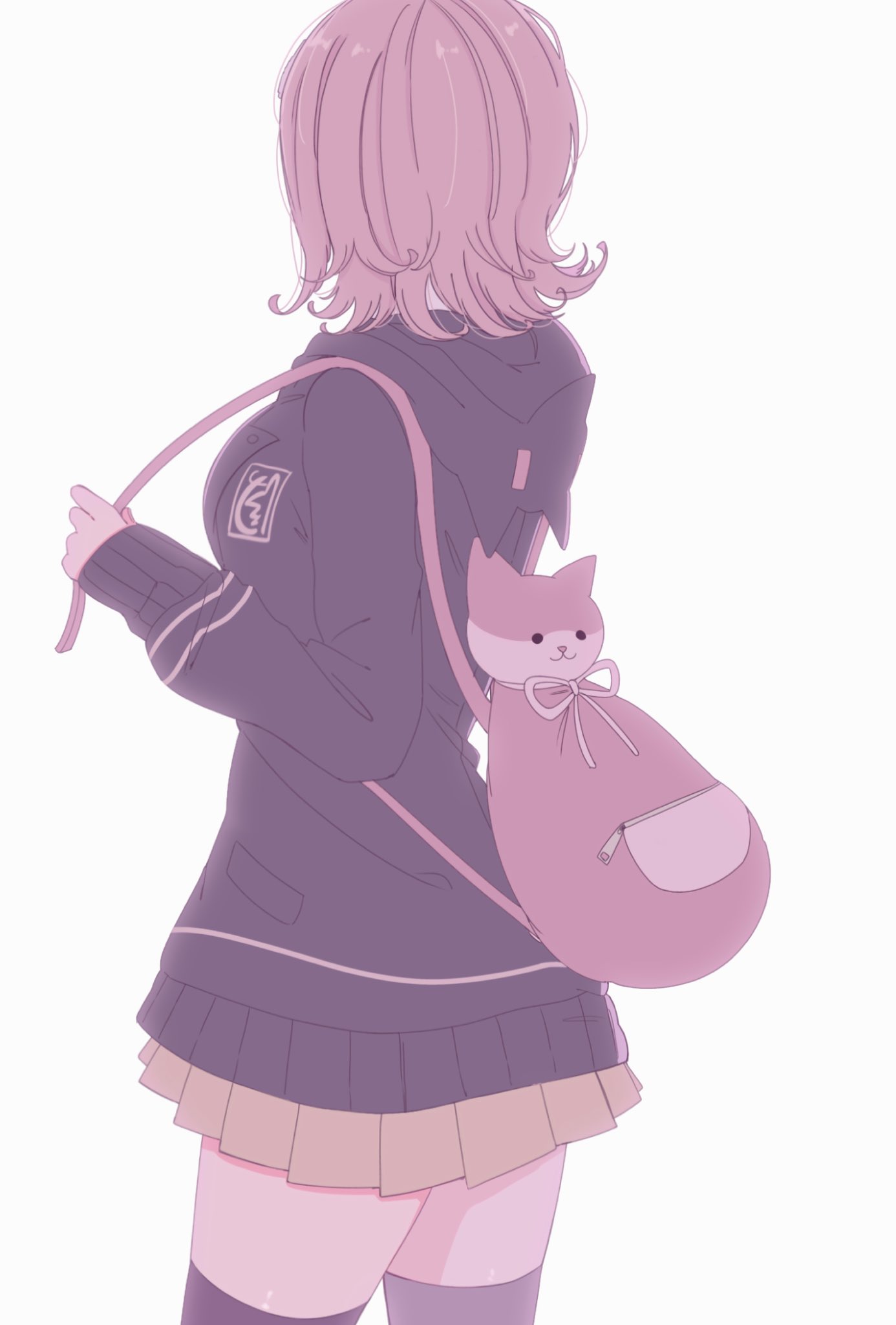 1girl, animal_bag, bag, brown_hair, brown_skirt, cat_bag, chi_gu, danganronpa_(series)