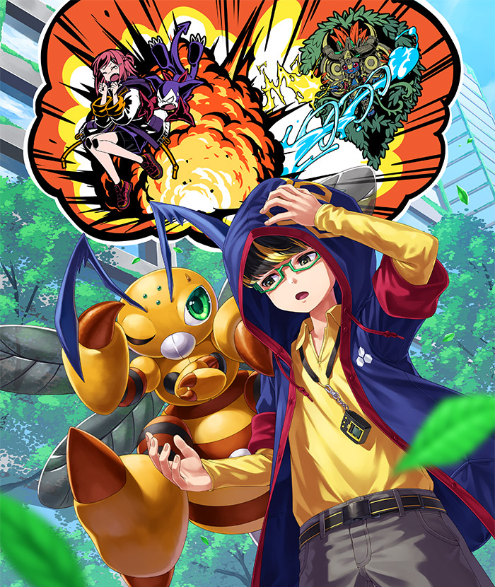 1girl, 2boys, antennae, attack, bandana, bandana_around_neck, bee, black_hair