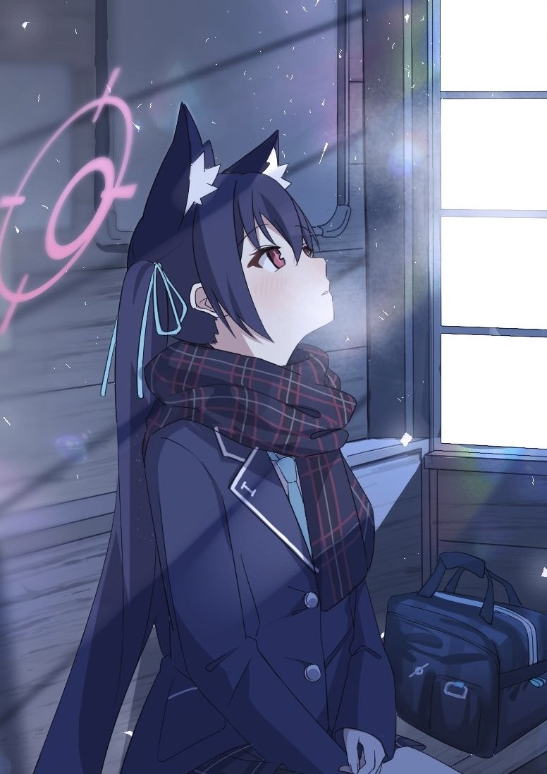 1girl, 7ben9i, animal_ear_fluff, animal_ears, bag, black_hair, black_jacket, black_scarf