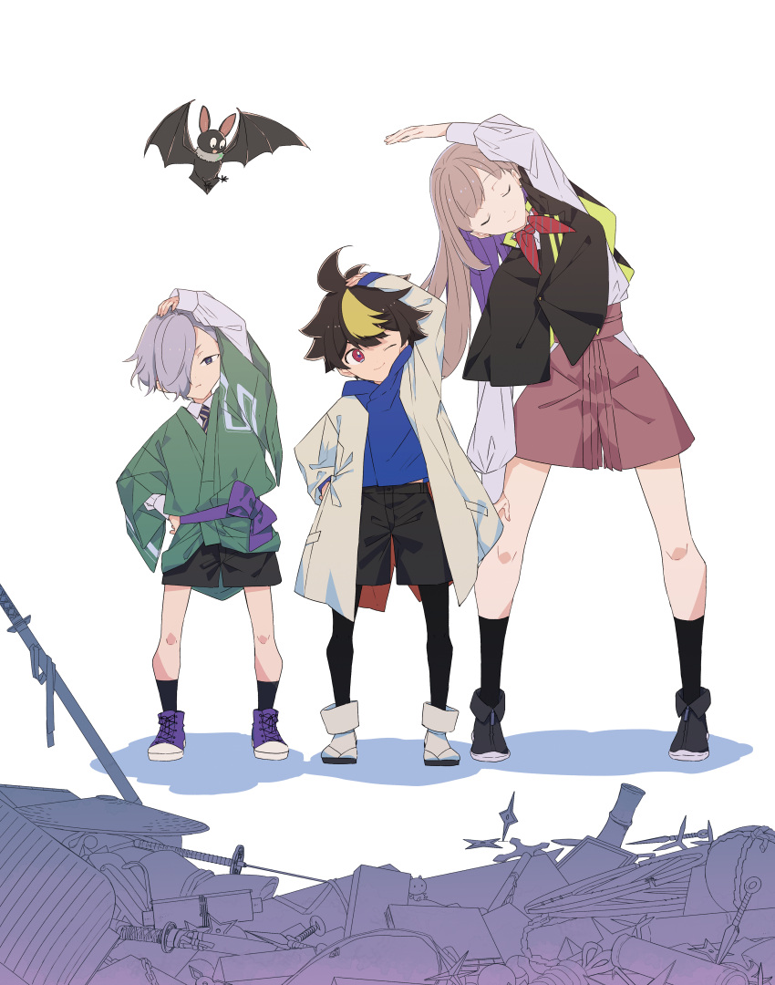 1girl, 2boys, absurdres, bat_(animal), black_hair, black_shorts, blonde_hair, boots, bow, bowtie, capelet, closed_eyes, coat, full_body, grey_hair, hair_over_one_eye, hakama, hakama_shorts, happi, highres, japanese_clothes, kamari_(ninja_skooler), key_visual, kinemacitrus, kneehighs, leggings, light_brown_hair, long_hair, long_sleeves, multicolored_hair, multiple_boys, necktie, ninja_skooler, official_art, okachi_machi, one_eye_closed, promotional_art, rappa_(ninja_skooler), shirt, short_hair, shorts, socks, standing, streaked_hair, stretching, white_background, white_coat, white_shirt