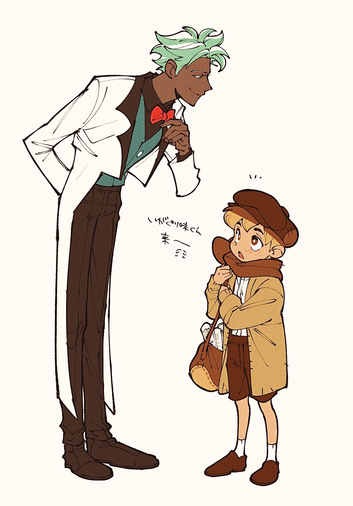 2boys, black_shirt, bow, bowtie, brown_footwear, brown_hair, brown_scarf, brown_shorts
