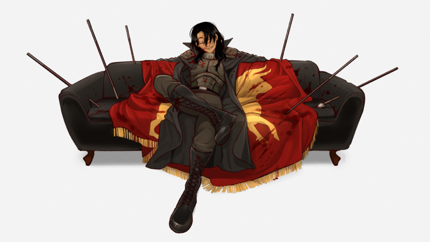 1girl, armor, black_hair, blood, blood_on_face, boots, caesar's_legion, couch, courier_(fallout_new_vegas), crossed_legs, duster, fallout:_new_vegas, fallout_(series), flag, highres, javelin_(spear), long_hair, on_couch, smile, solo, tanblaque, white_background