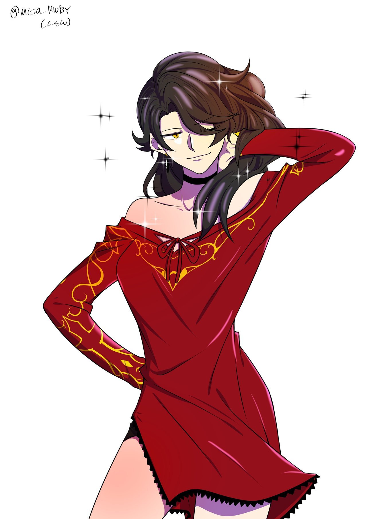 1girl, black_choker, black_hair, choker, cinder_fall, dress, hand_in_own_hair, hand_on_own_hip