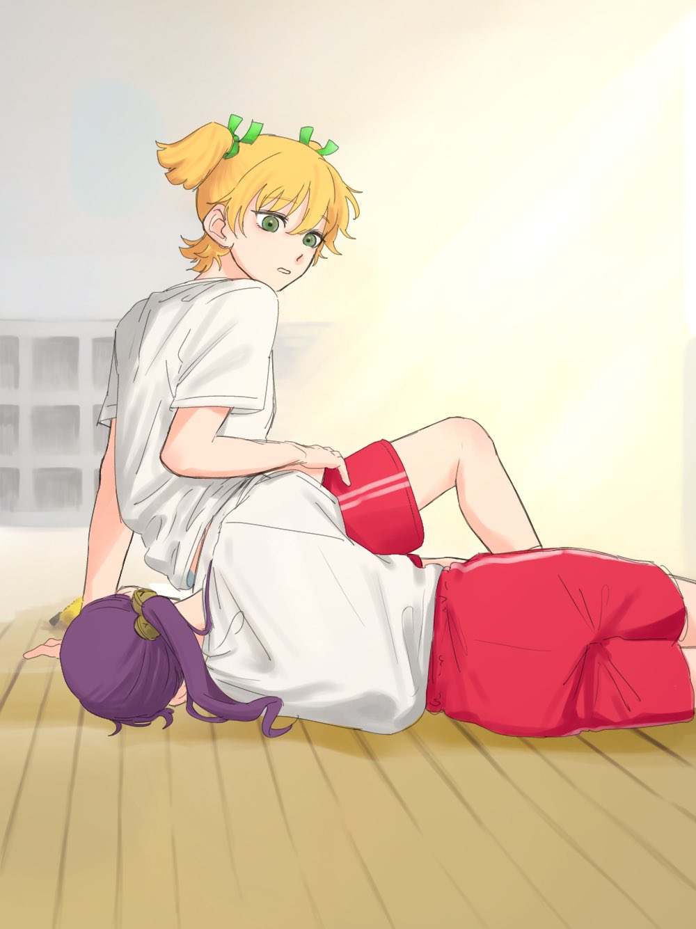 2girls, arm_at_side, bell, blonde_hair, commentary_request, daiba_nana, facing_away, green_ribbon