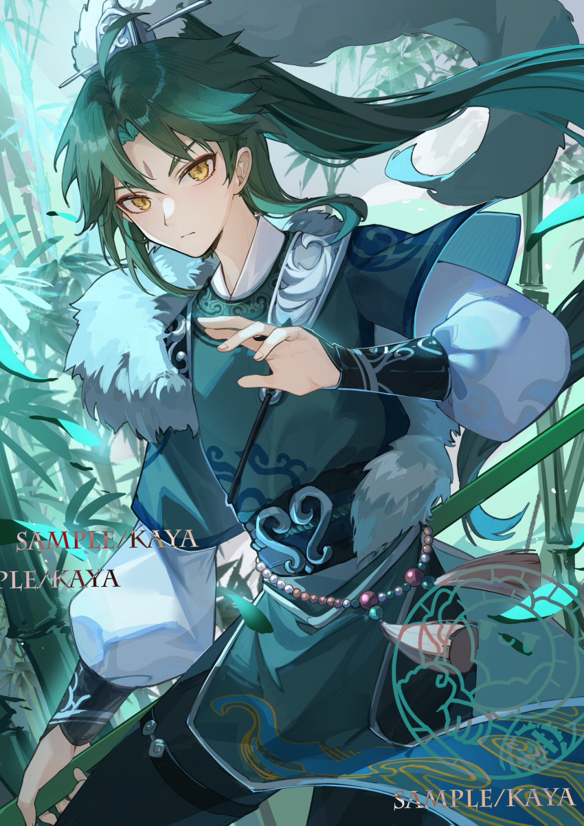 1boy, alternate_costume, alternate_hair_length, alternate_hairstyle, bamboo, beads, black_hair, chinese_clothes