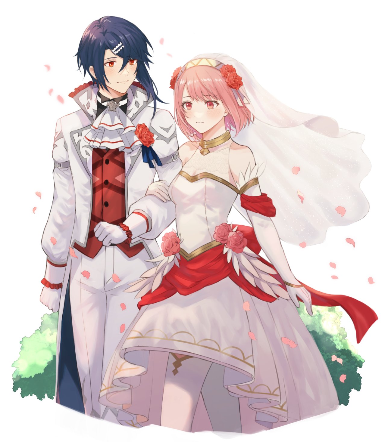 1boy, 1girl, alcryst_(fire_emblem), alcryst_(groom)_(fire_emblem), blue_hair, braid, bridal_veil, couple