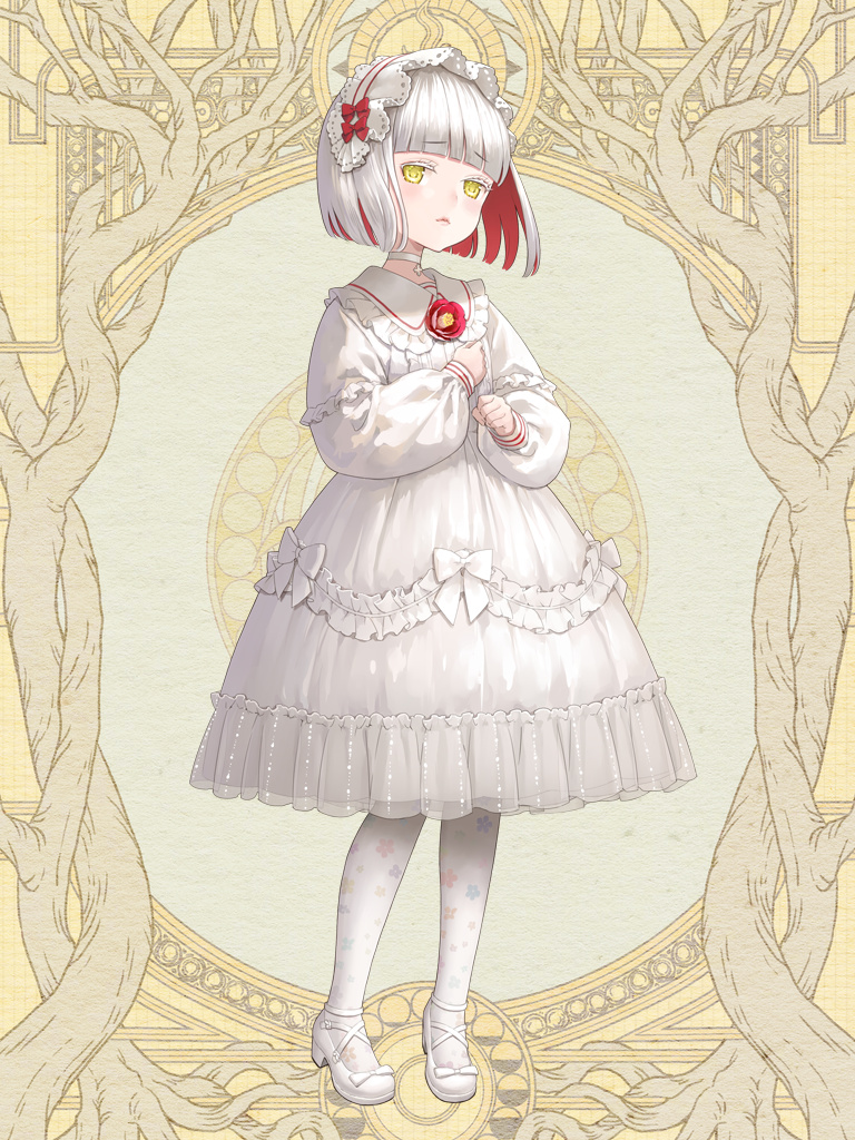 1girl, blunt_bangs, bow, choker, clenched_hands, colored_inner_hair, dairoku_ryouhei, dress