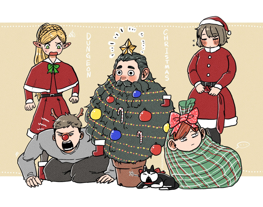 2girls, 3boys, barking, beard, blank_eyes, blush, chilchuck_tims, christmas