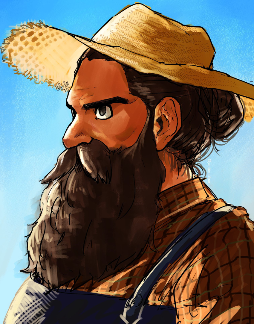 1boy, alternate_costume, beard, beard_over_mouth, dungeon_meshi, dwarf, facial_hair, farmer