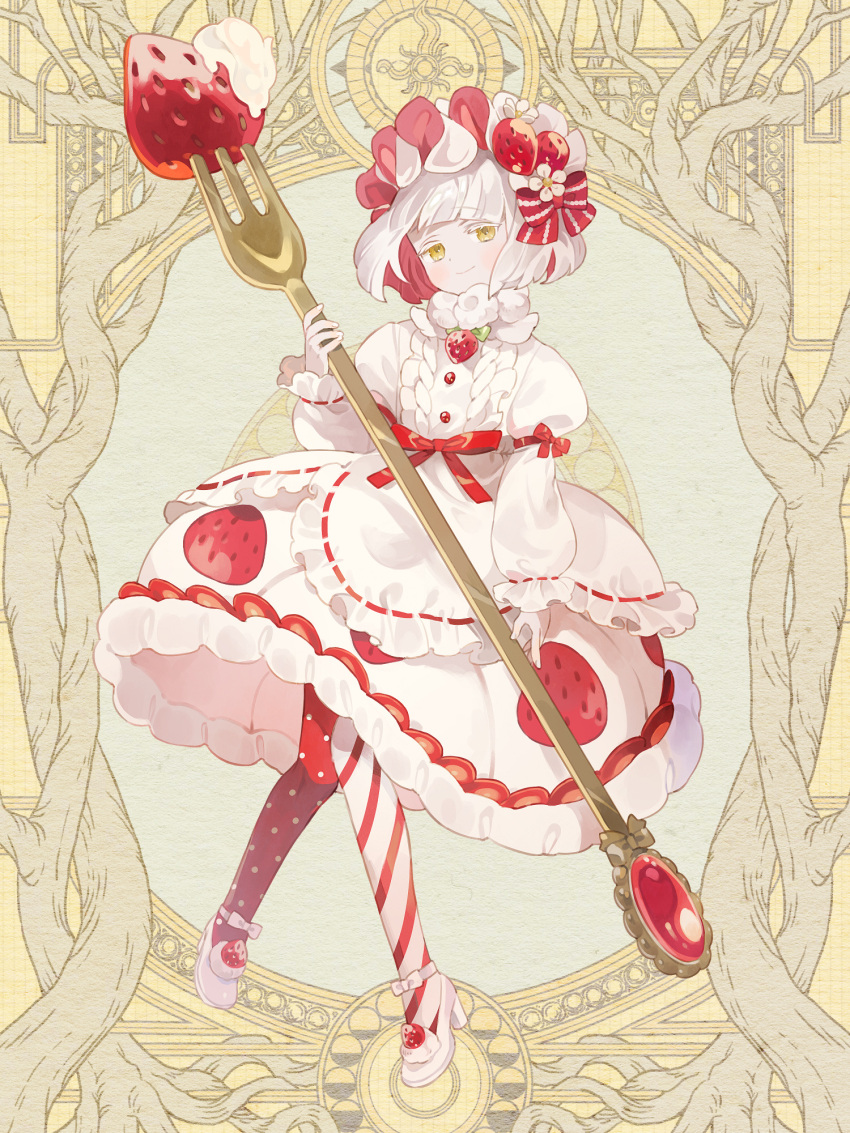 1girl, asymmetrical_legwear, colored_inner_hair, dairoku_ryouhei, dress, flower, food, food_print