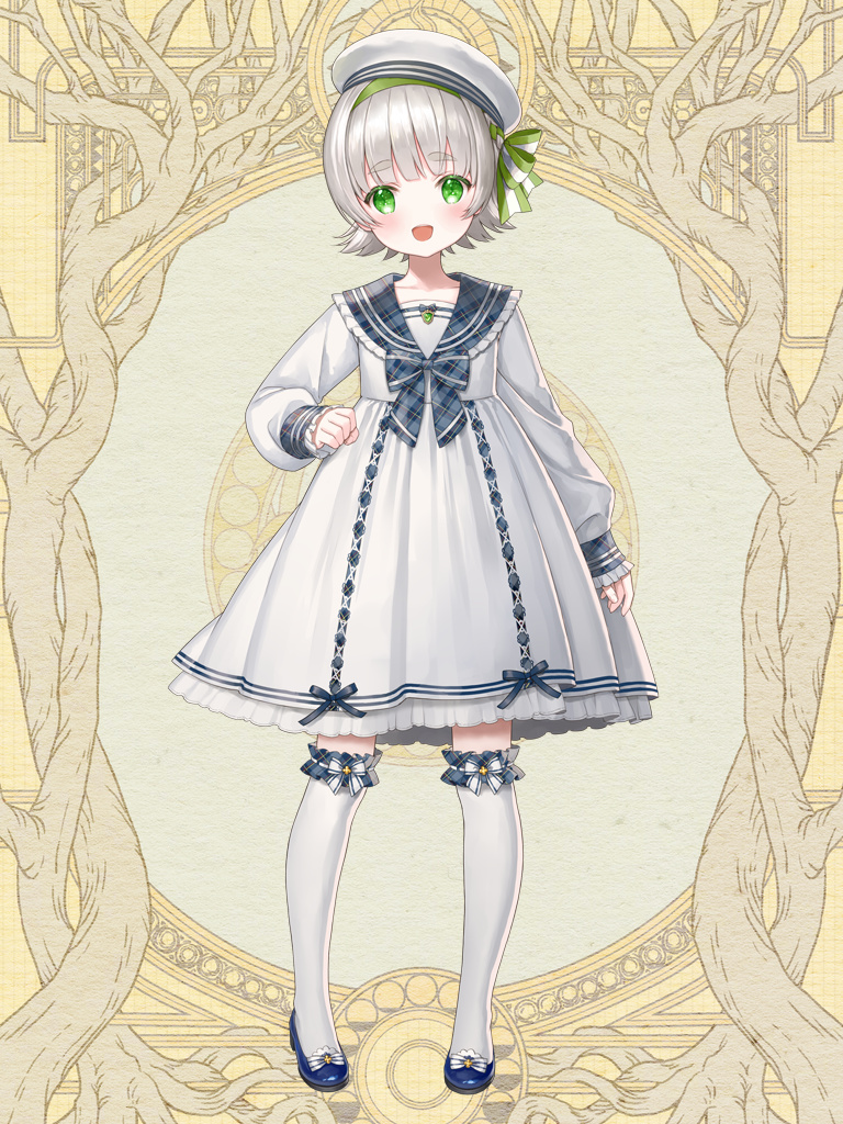 1girl, :d, blue_footwear, bow, dairoku_ryouhei, dress, full_body, green_eyes