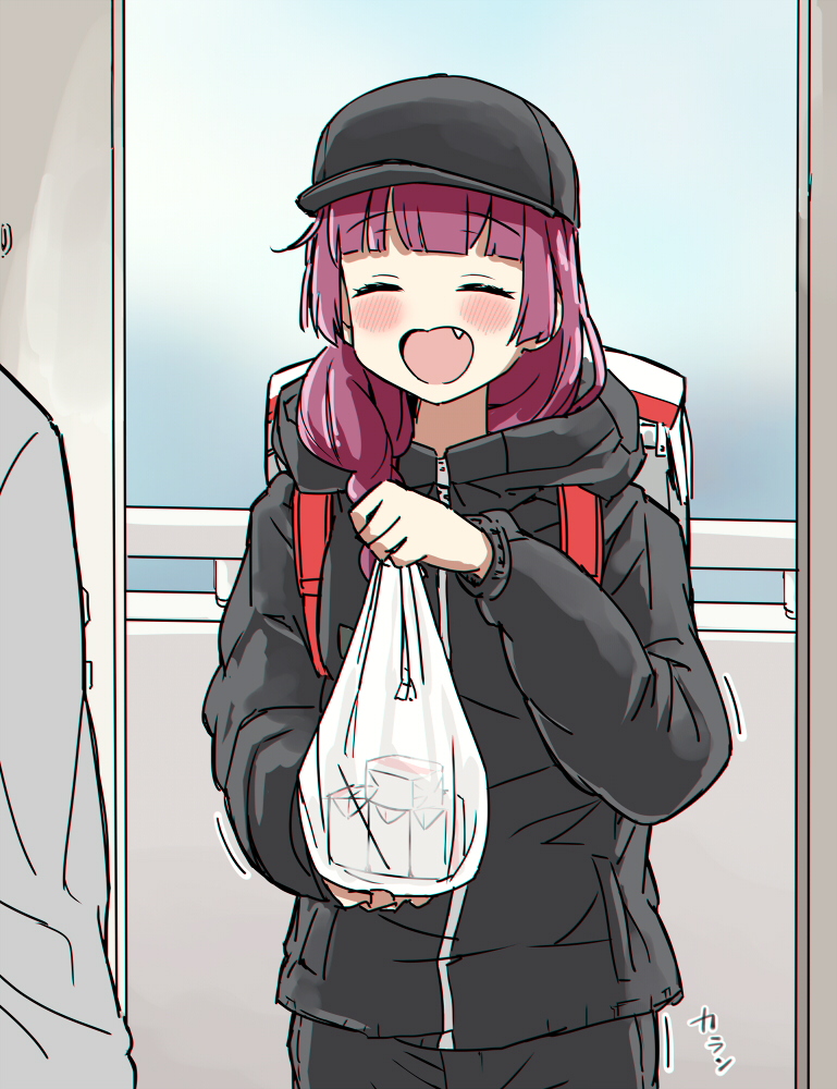 1boy, 1girl, :d, backpack, bag, baseball_cap, blush, bocchi_the_rock!