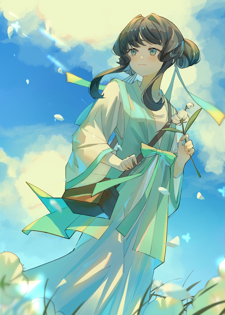 1girl, bag, black_hair, blue_sky, chinese_clothes, closed_mouth, clouds, day, dress, duijin_ruqun, flower, green_eyes, green_ribbon, hair_bun, hanfu, highres, holding, holding_flower, lanxi_zhen, li_qingning_(the_legend_of_luoxiaohei), long_sleeves, outdoors, petals, ribbon, sidelocks, sky, solo, standing, wanshan, white_flower, wide_sleeves